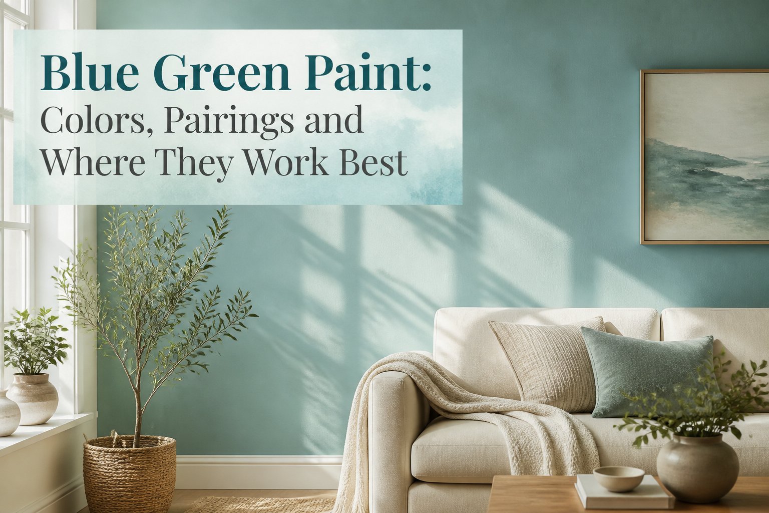 Different blue-green paint colors shown in styled rooms.