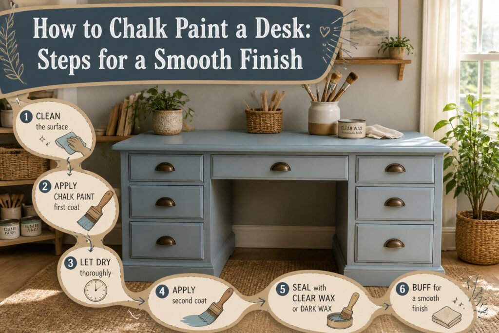 A chalk-painted desk with a smooth finish and decorative elements.