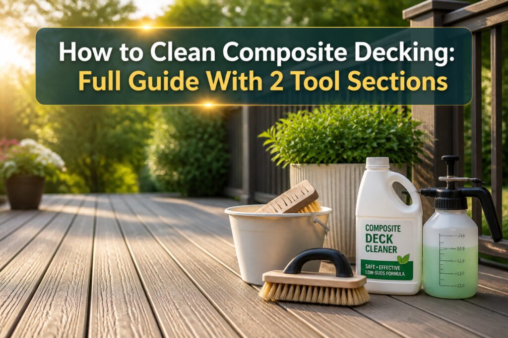 A clean composite deck with tools and cleaning supplies arranged nearby.