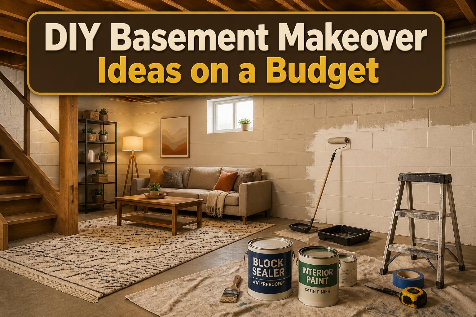 A beautifully updated basement with various DIY makeover ideas showcased.