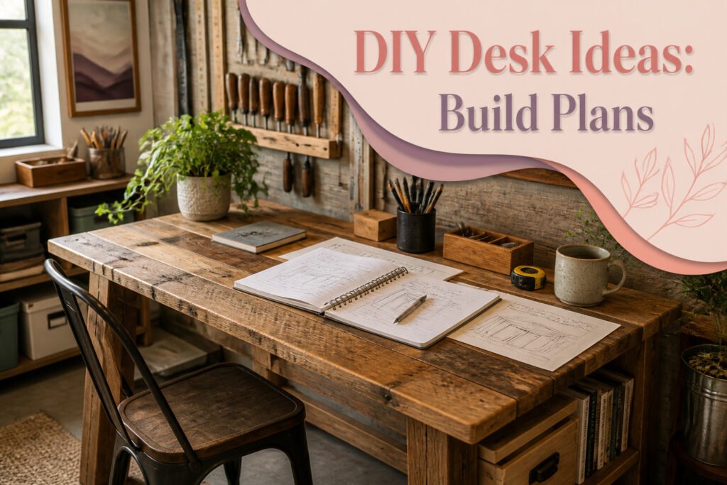 A variety of DIY desk designs showcasing different styles and materials.