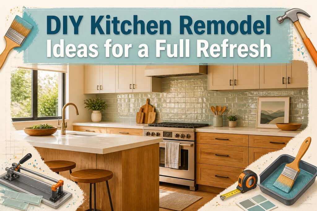 A contemporary kitchen with various DIY remodel ideas displayed.