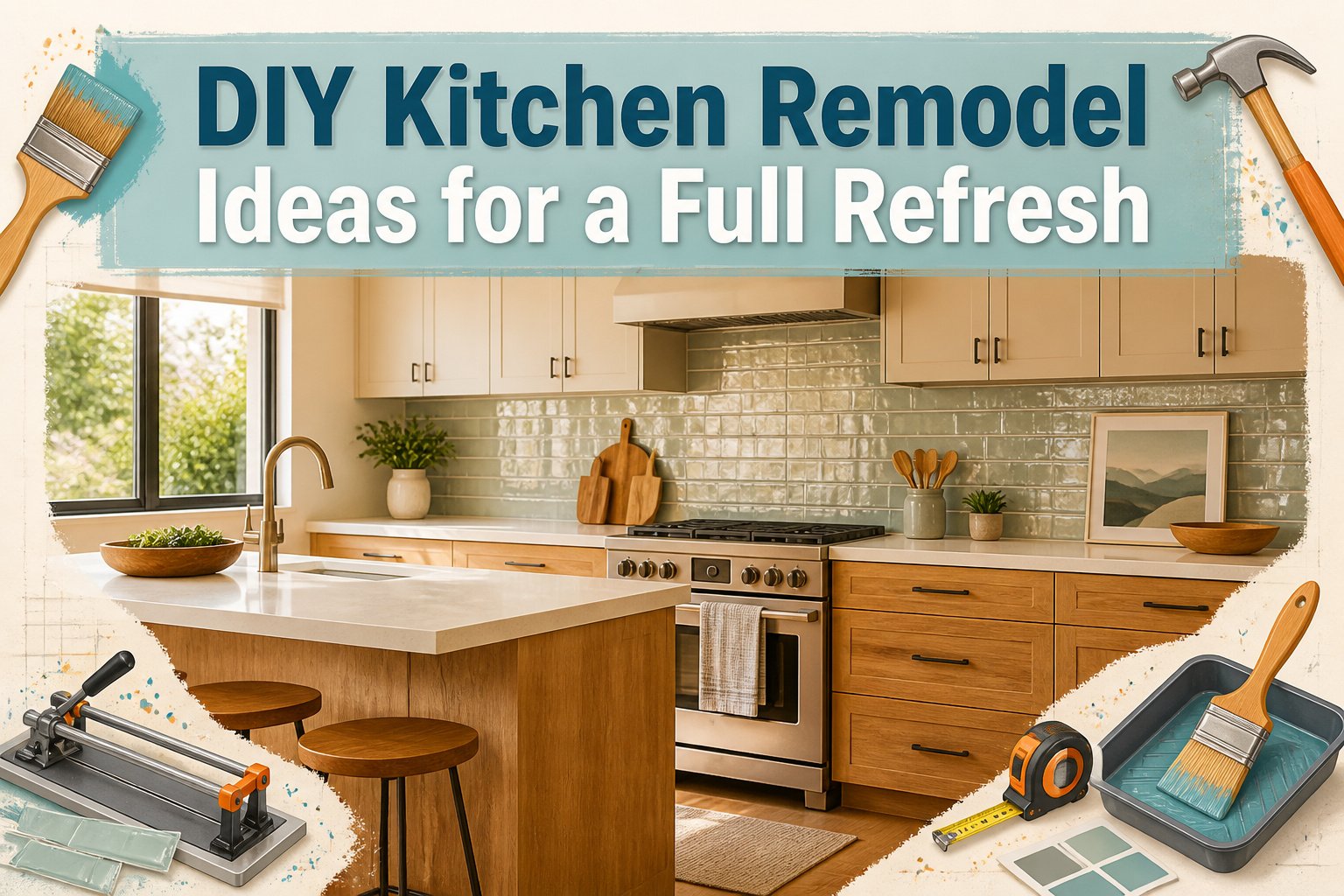 A contemporary kitchen with various DIY remodel ideas displayed.