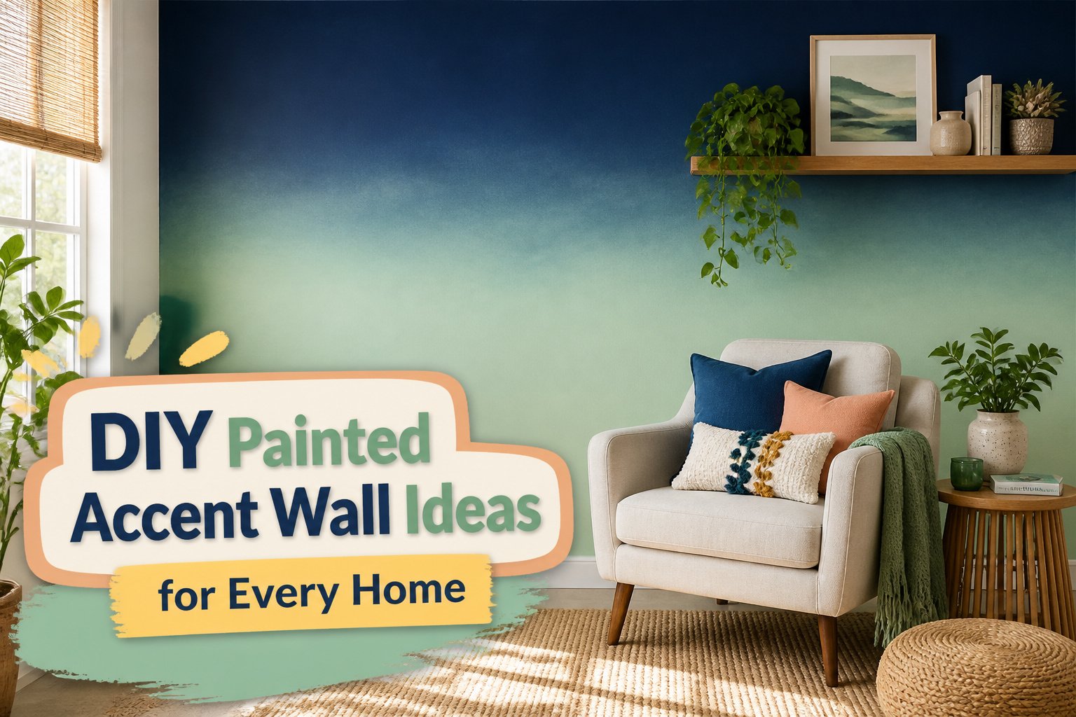 A living room with a bold accent wall and stylish decor.