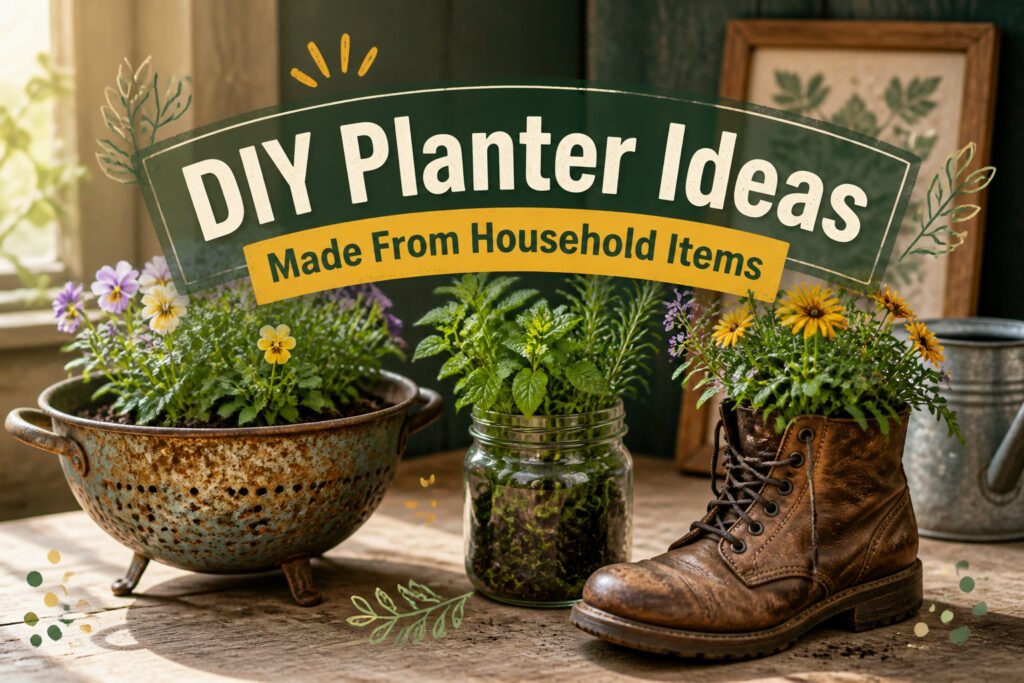 A collection of various DIY planters made from household items.