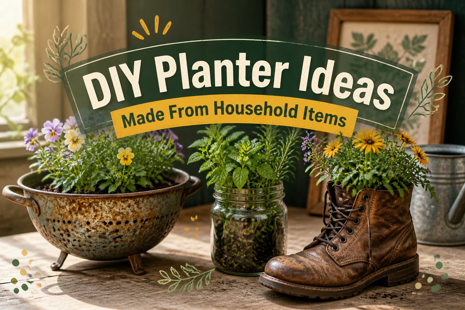 A collection of various DIY planters made from household items.