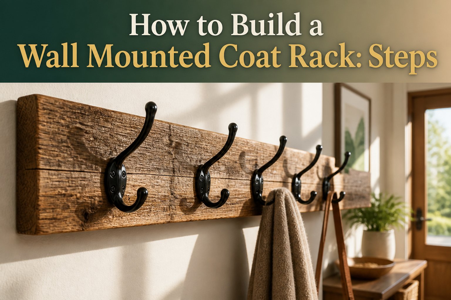 A finished wall-mounted coat rack with hooks and wood grain detail.