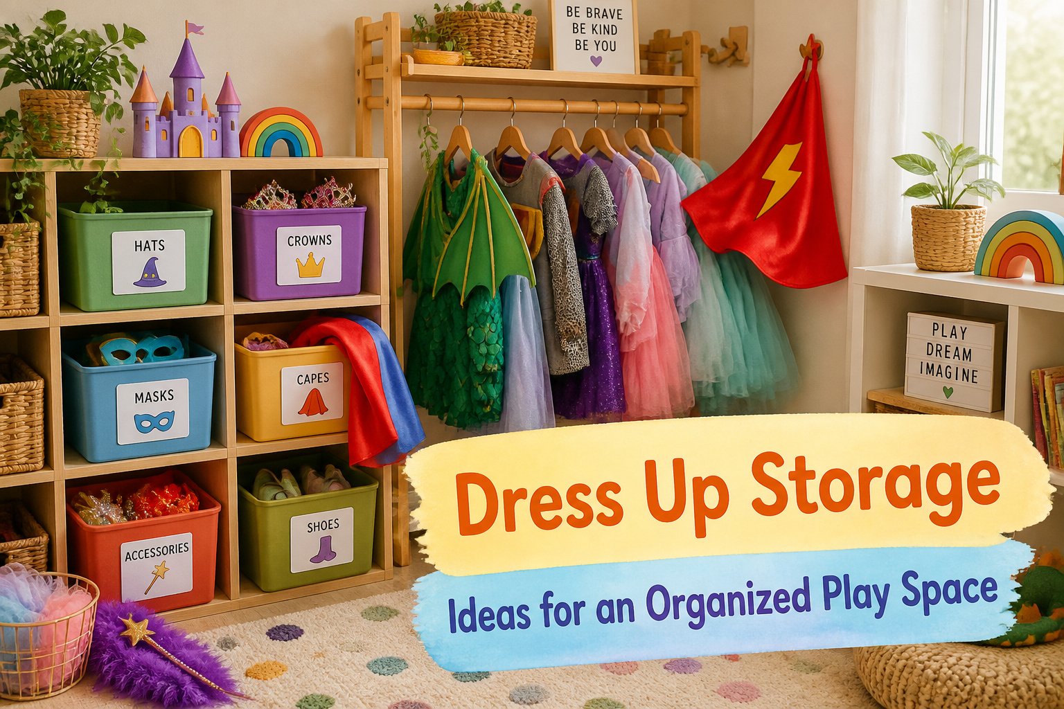 A vibrant play area with various dress-up costumes and storage solutions.