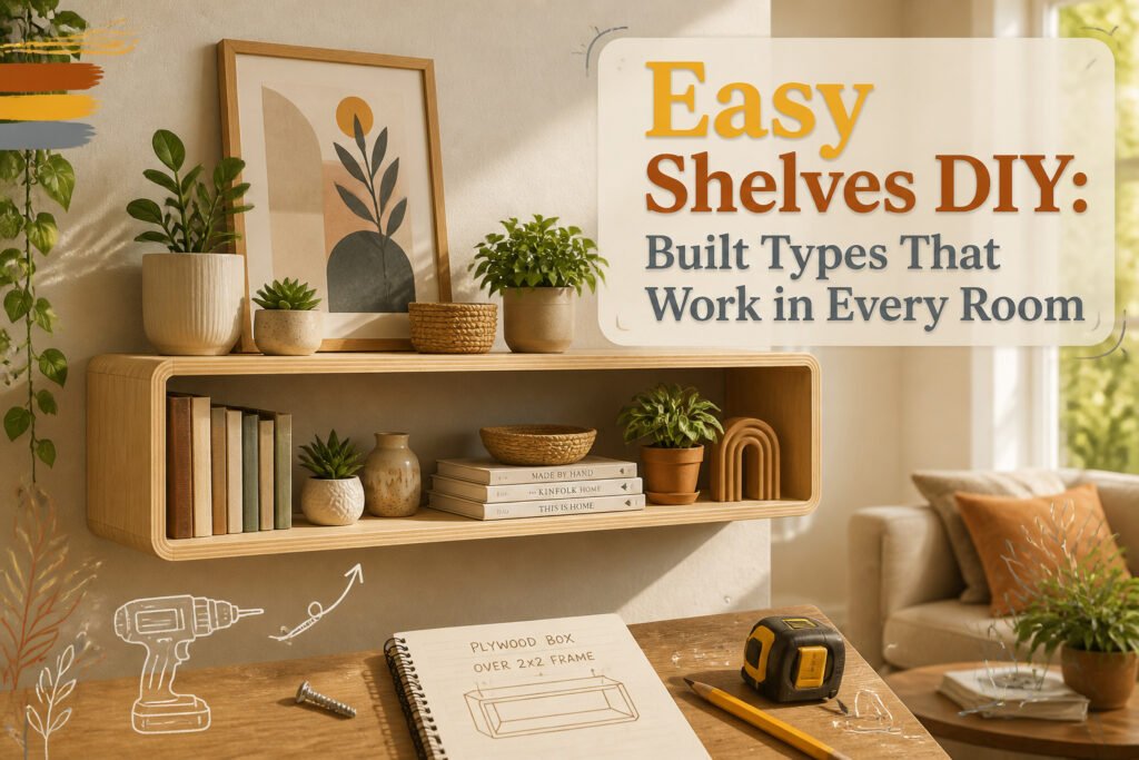 A set of stylish built-in shelves displaying various decorative items.