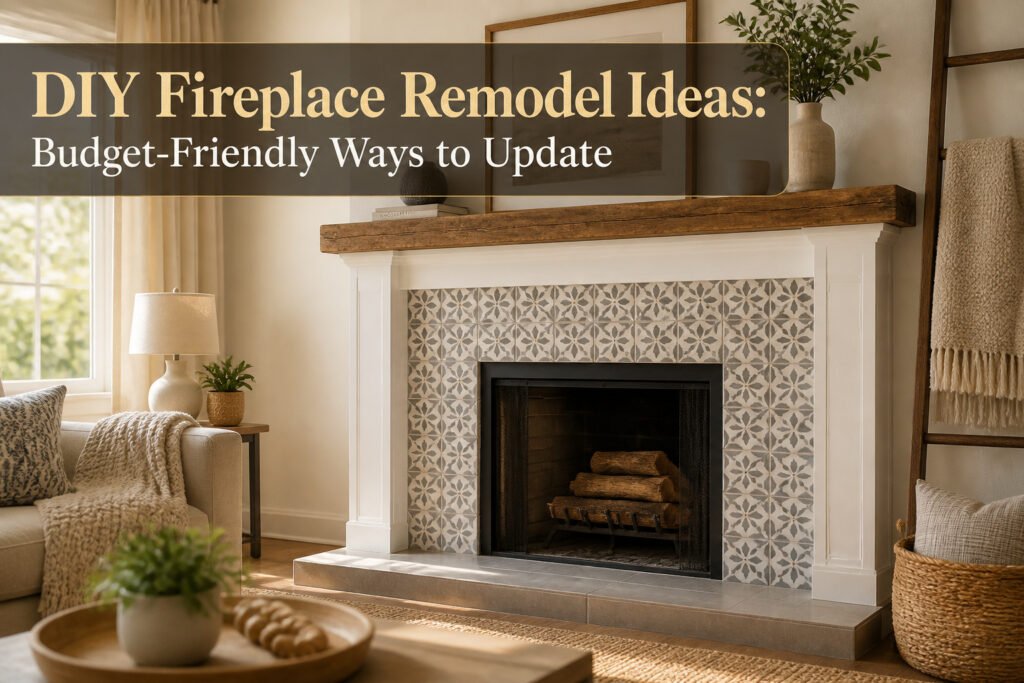 A stylish living room featuring a cozy fireplace and modern decorations.