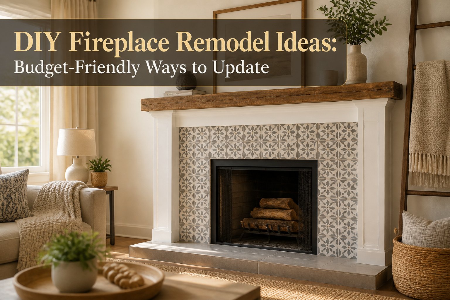 A stylish living room featuring a cozy fireplace and modern decorations.