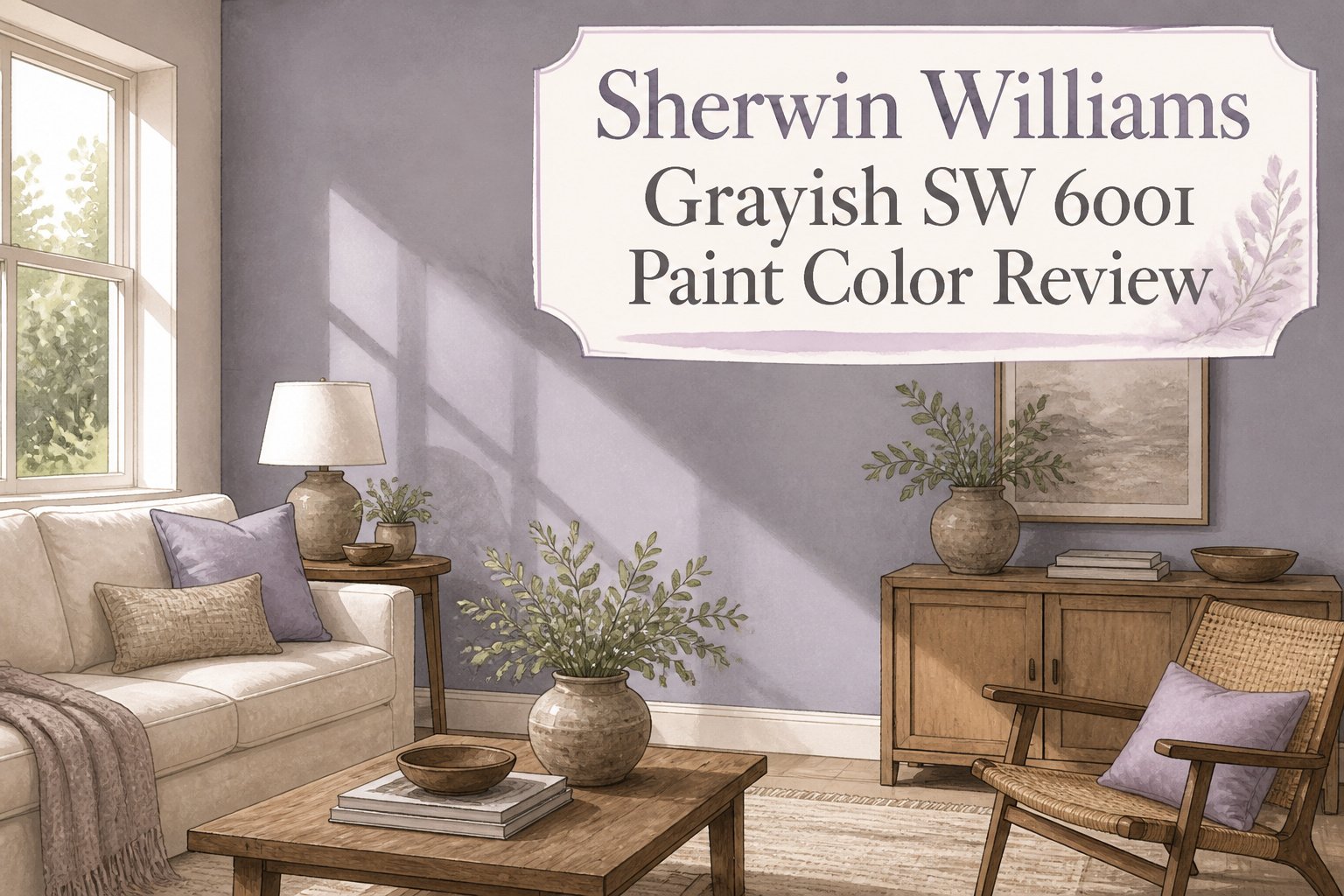 A wall painted Grayish SW 6001 showcasing its cool, violet undertone.