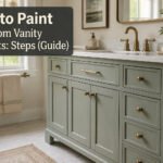 A bathroom vanity cabinet in the process of being painted.