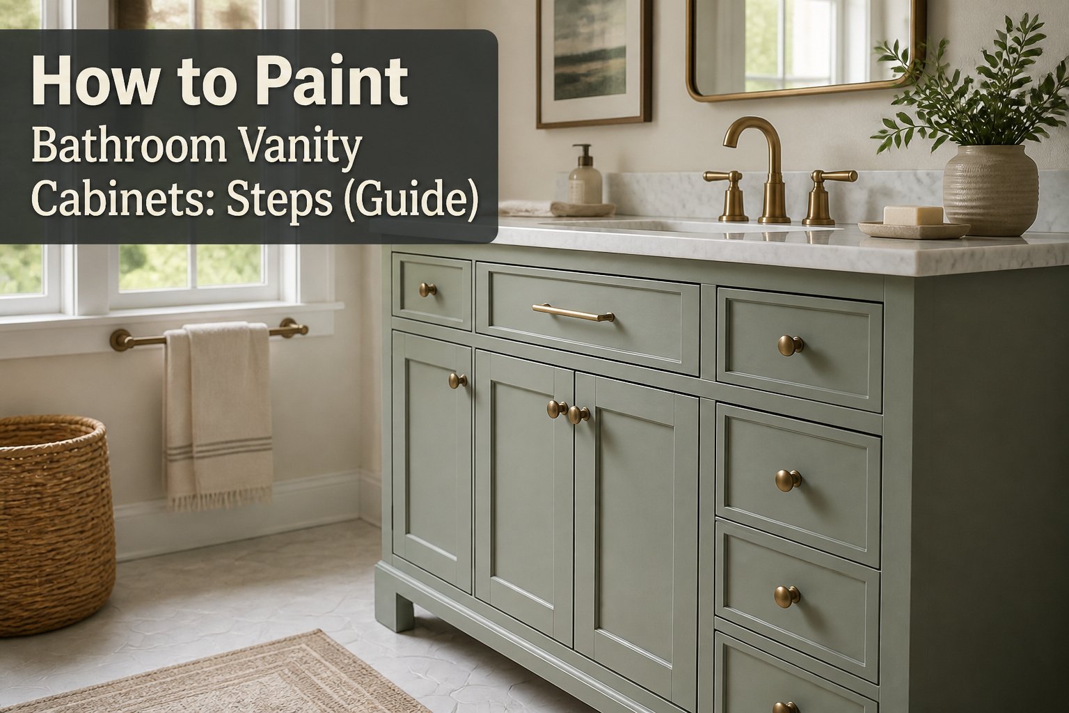 A bathroom vanity cabinet in the process of being painted.