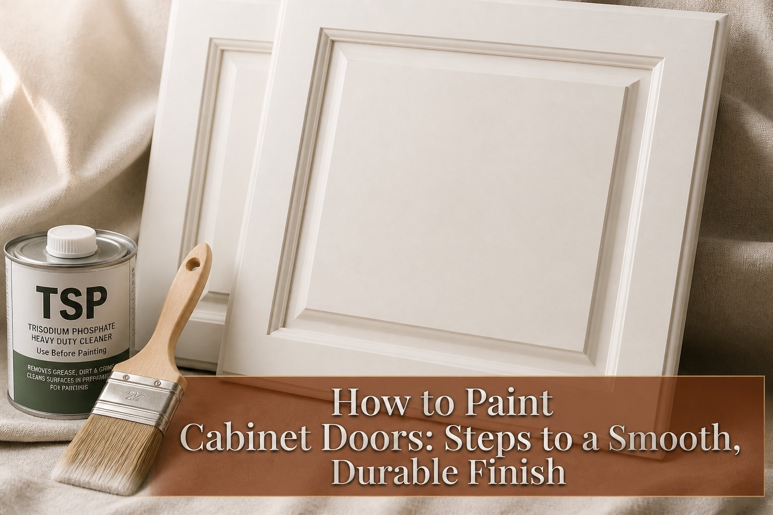 Workspace with tools and supplies for painting cabinet doors.