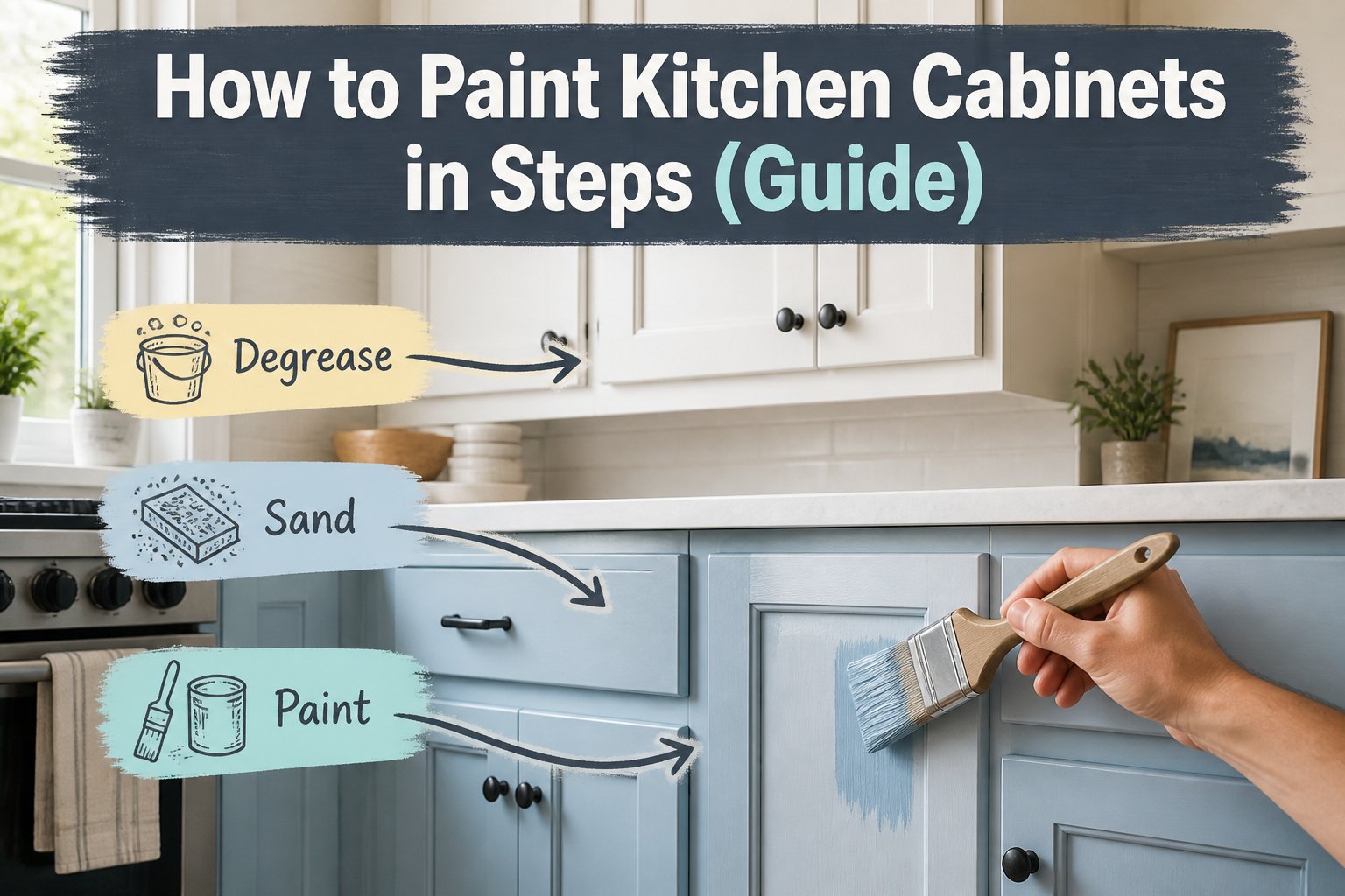 A kitchen with freshly painted cabinets and painting supplies on the counter.