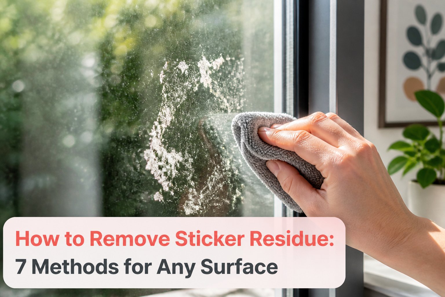 Different methods to remove sticker residue shown on a kitchen countertop.