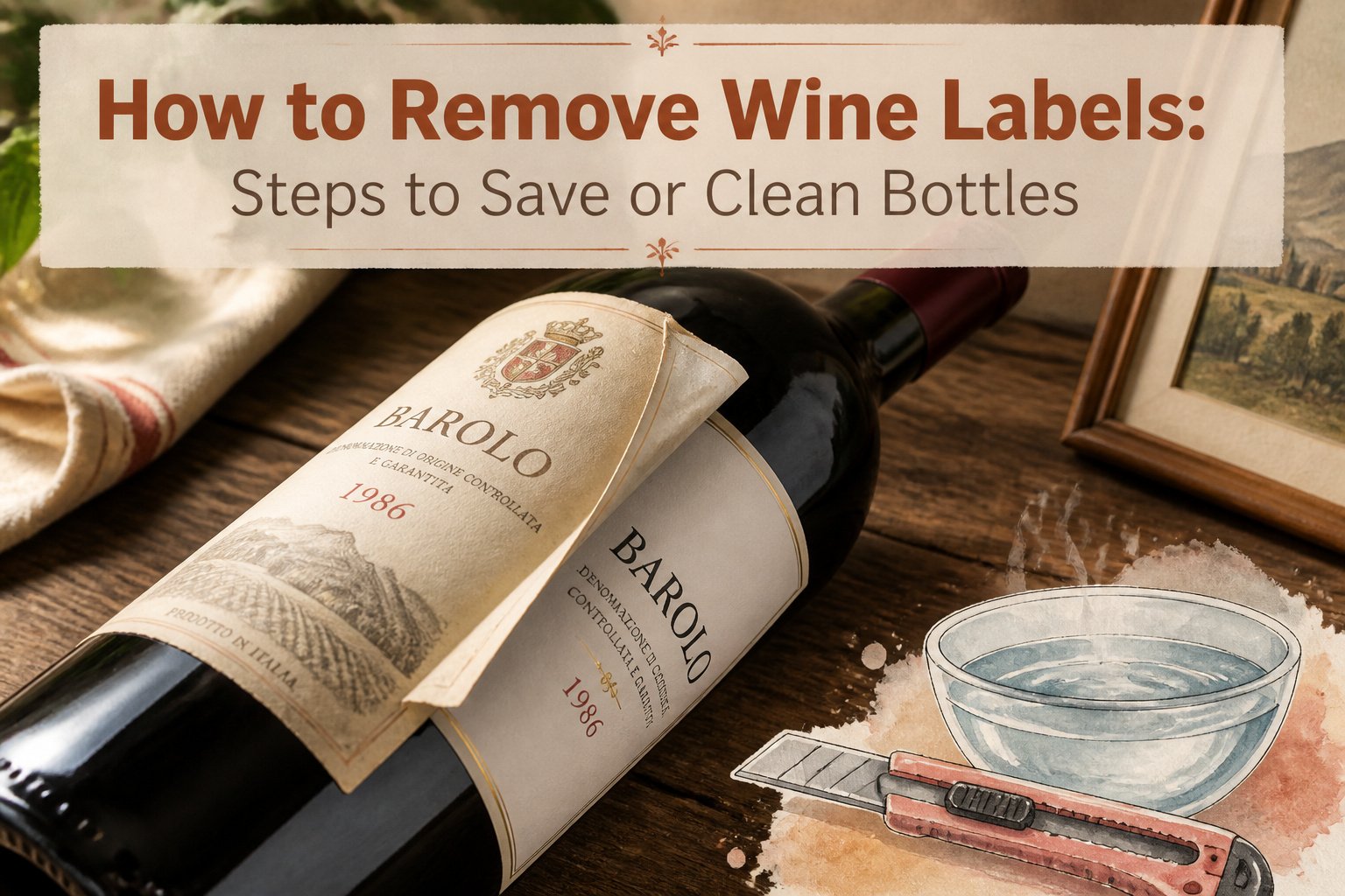 Various tools and methods displayed for removing wine labels.