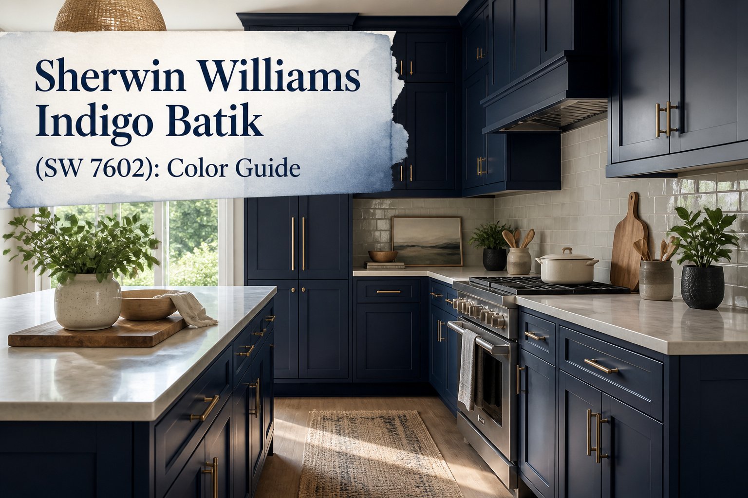 A color swatch of Sherwin Williams Indigo Batik (SW 7602) in deep navy blue.