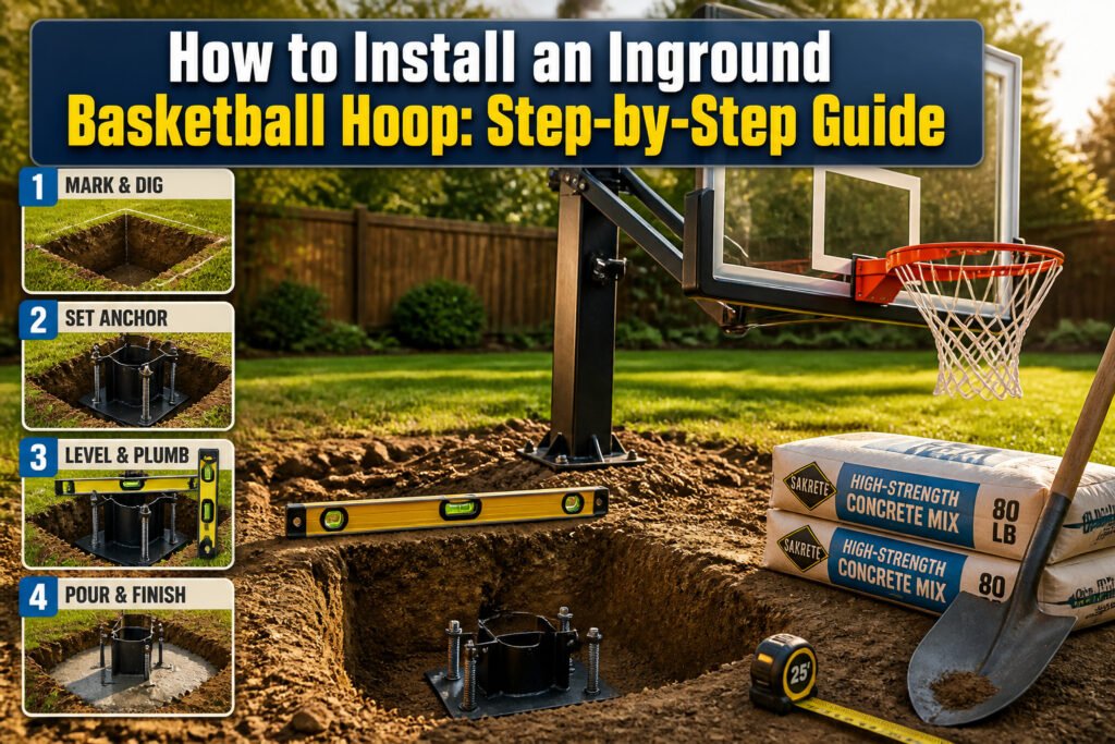 A basketball hoop being installed on a driveway.