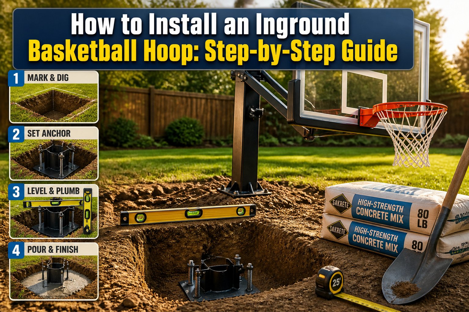 A basketball hoop being installed on a driveway.