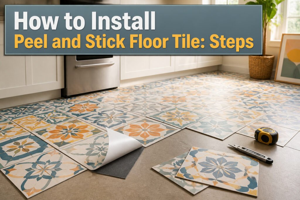 Boxes of peel and stick floor tiles laid flat on a wood grain subfloor.
