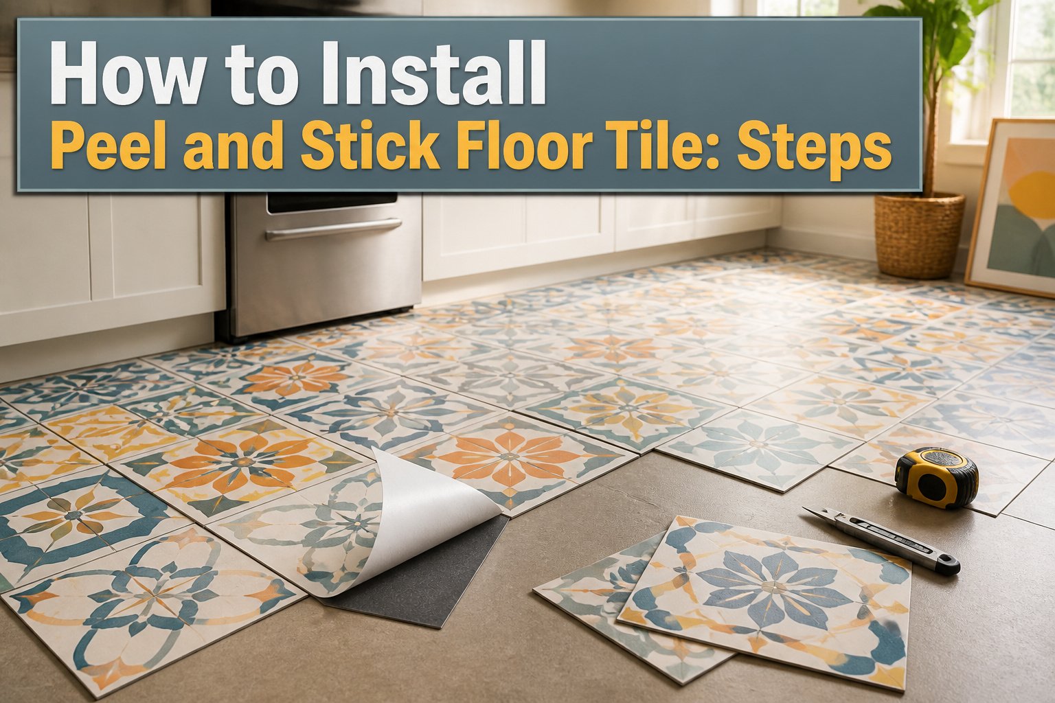 Boxes of peel and stick floor tiles laid flat on a wood grain subfloor.