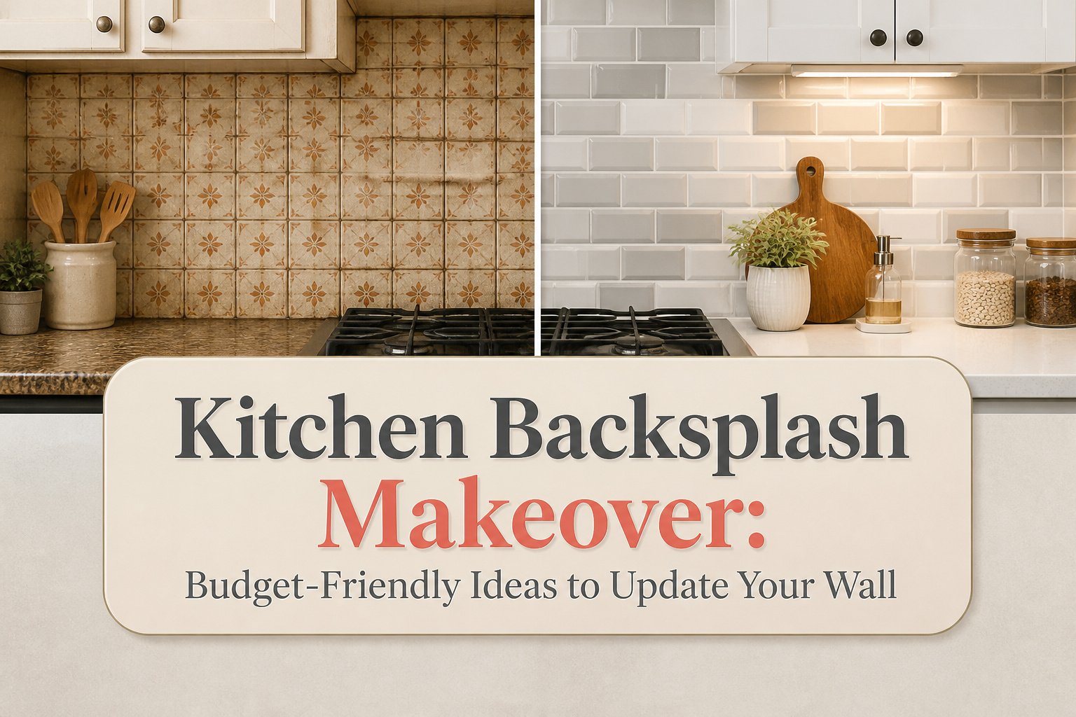 A collage of kitchen backsplash makeover ideas including tiles, paint, and wood.