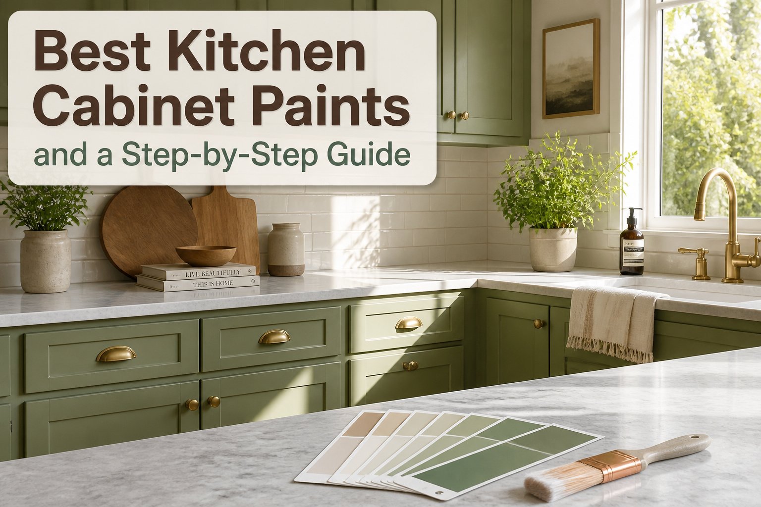 Painter's tape, primer, paint, brushes, and rollers for cabinet painting.