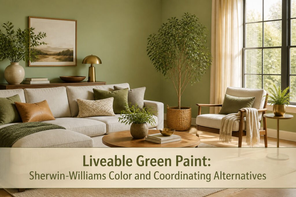 A wall painted in Sherwin-Williams Liveable Green with warm decor.