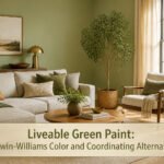 A wall painted in Sherwin-Williams Liveable Green with warm decor.