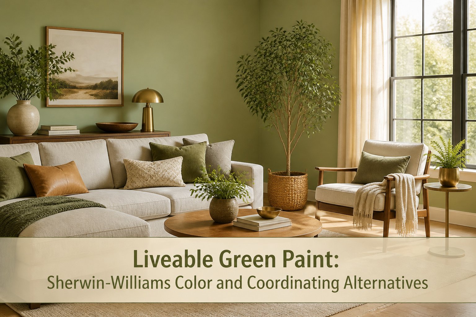 A wall painted in Sherwin-Williams Liveable Green with warm decor.
