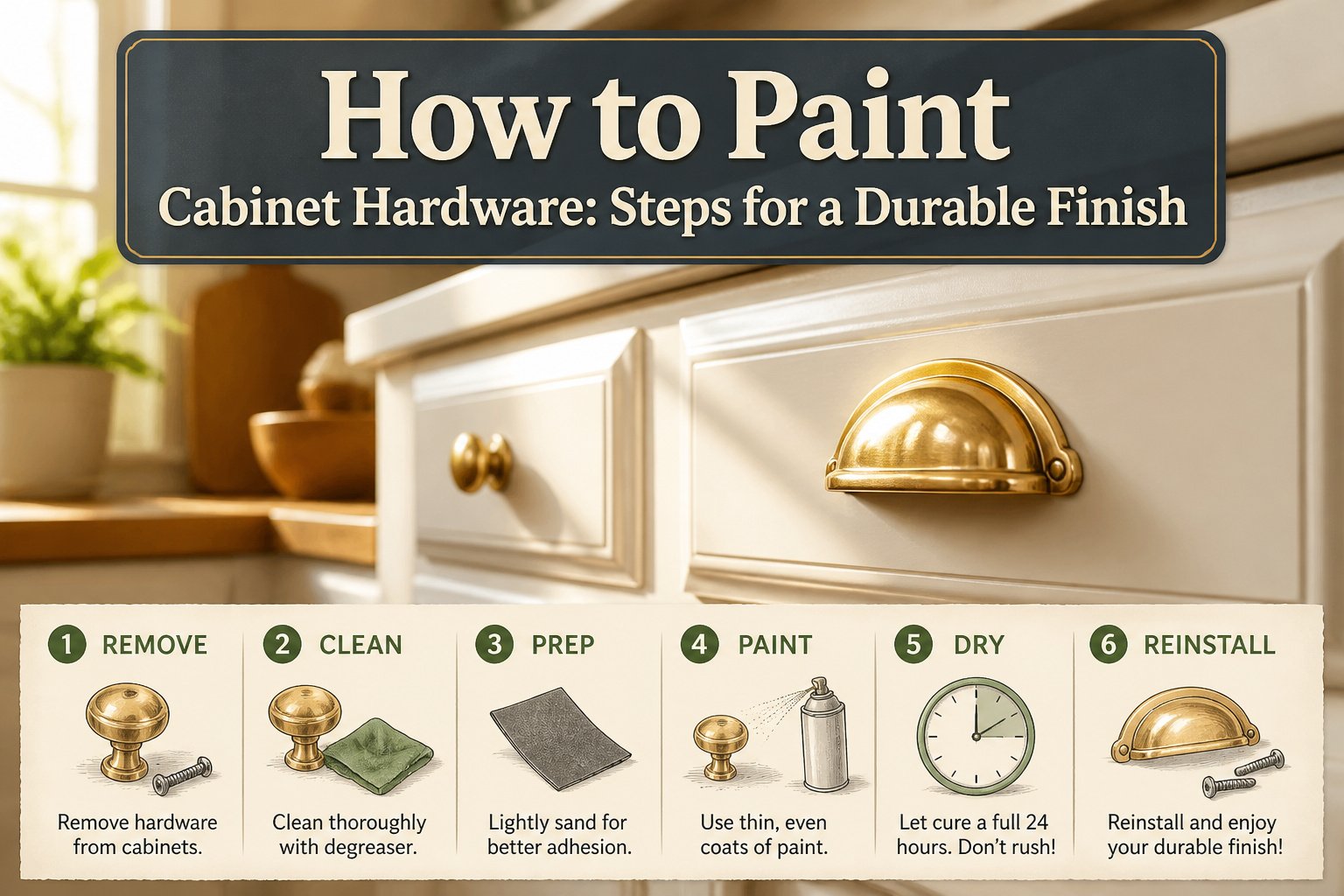 Various cabinet hardware pieces laid out for painting.