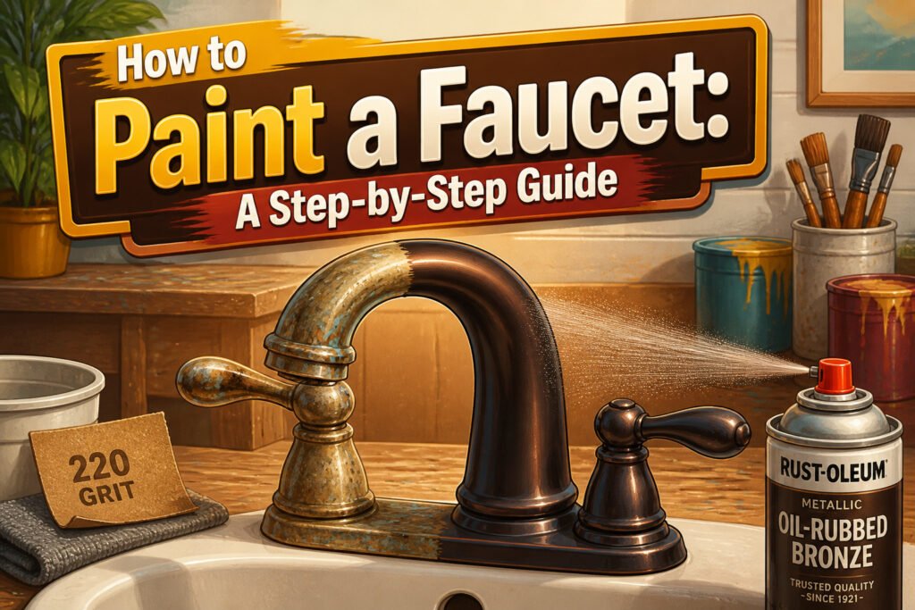 Tools and materials arranged on a table for faucet painting.