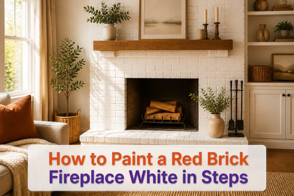 A freshly painted white brick fireplace with a decorative plant and sunlight.
