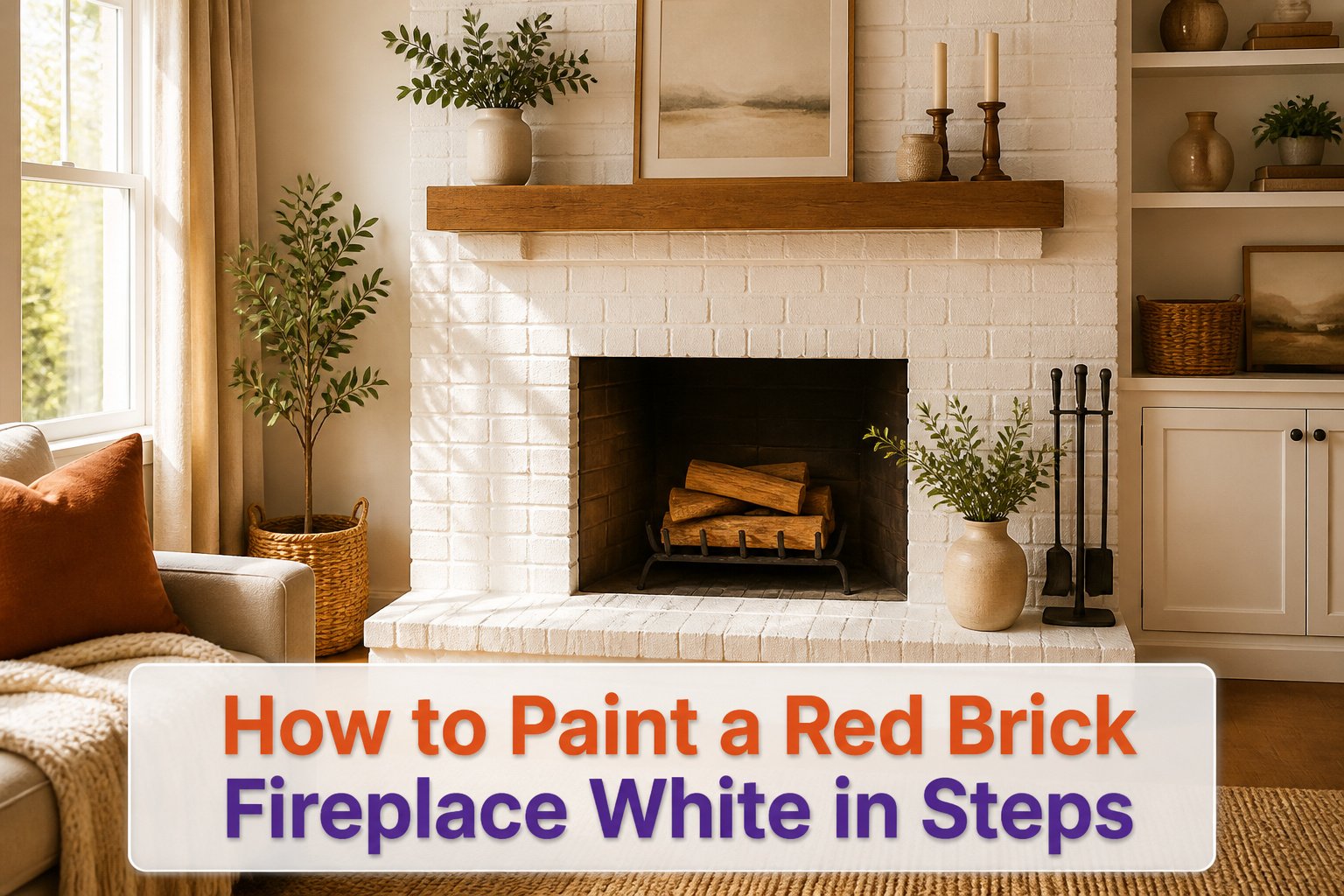 A freshly painted white brick fireplace with a decorative plant and sunlight.