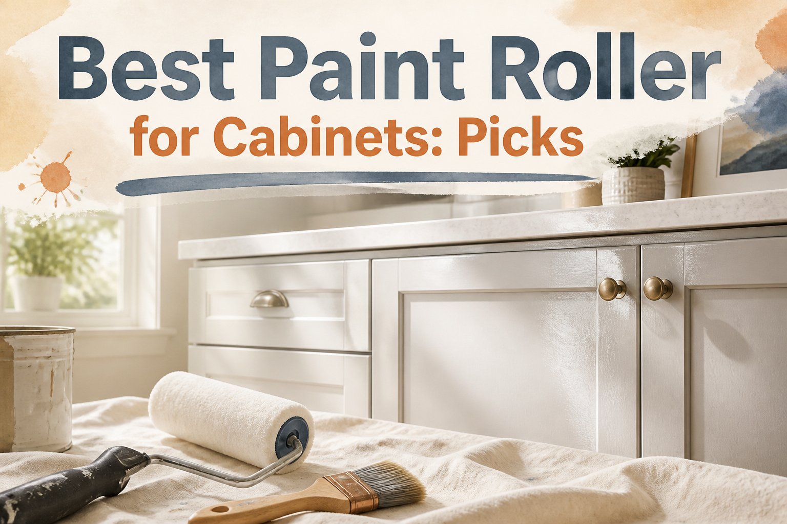 Different paint rollers and supplies for cabinet painting.