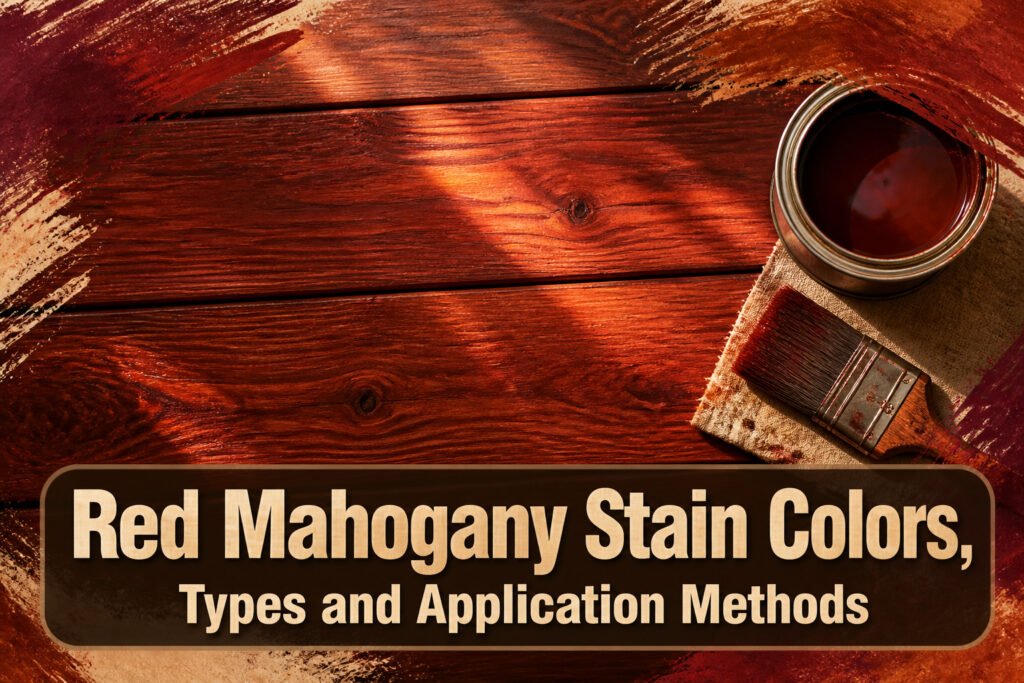 Various red mahogany stain products displayed on a work surface.