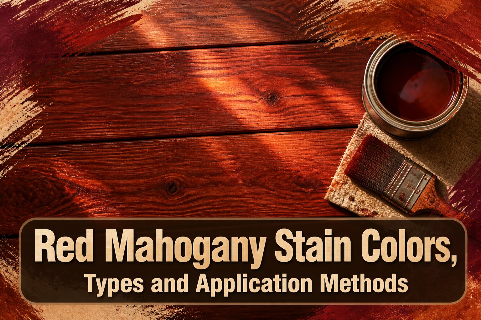 Various red mahogany stain products displayed on a work surface.