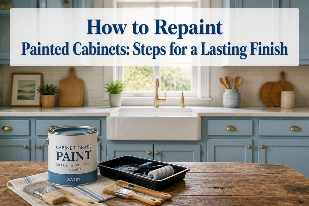 Tools and supplies arranged on a counter for repainting kitchen cabinets.