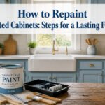 Tools and supplies arranged on a counter for repainting kitchen cabinets.