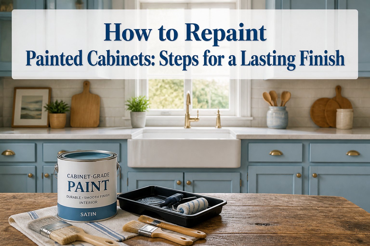Tools and supplies arranged on a counter for repainting kitchen cabinets.