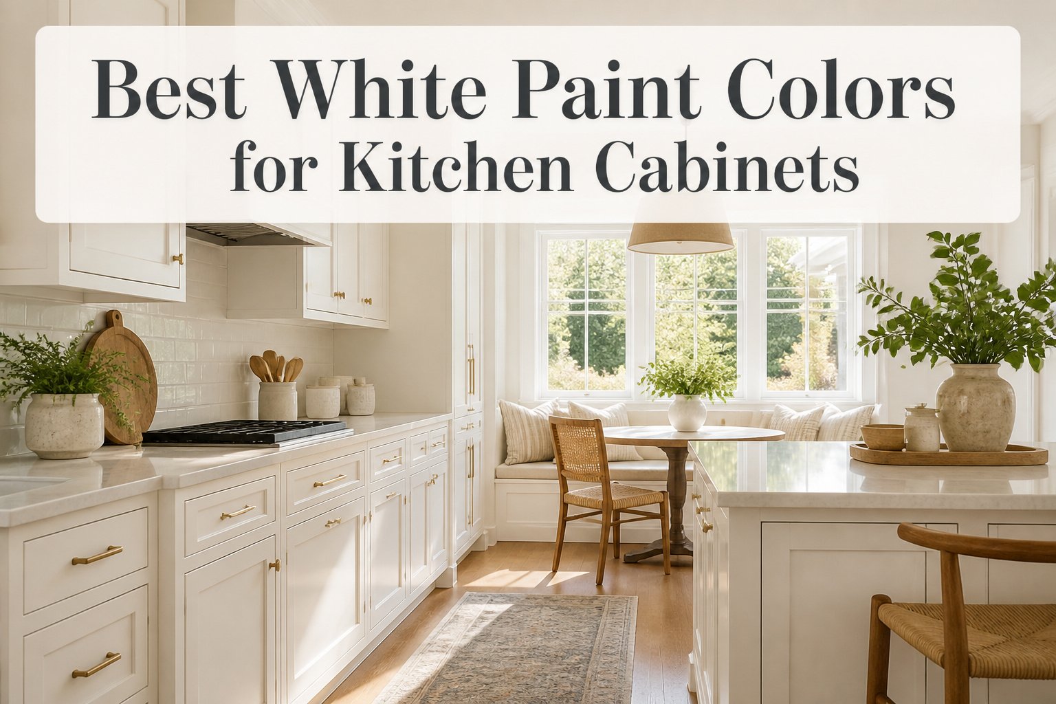 Various styles of white kitchen cabinets displayed in a bright kitchen.