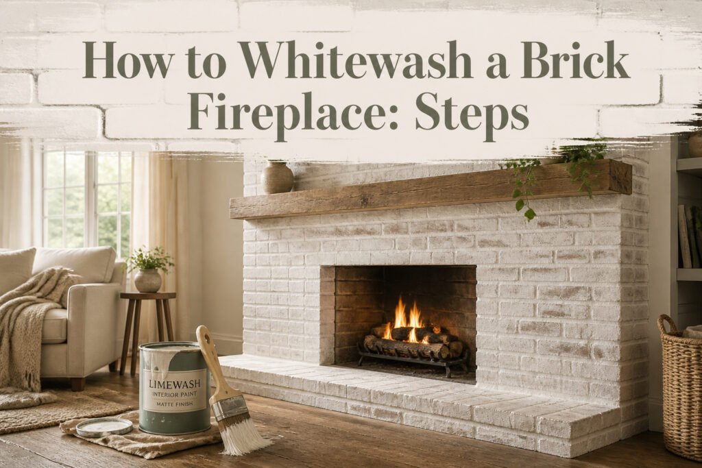 A whitewashed brick fireplace in a warm living room setting.