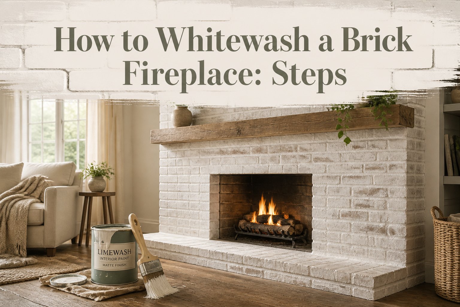 A whitewashed brick fireplace in a warm living room setting.